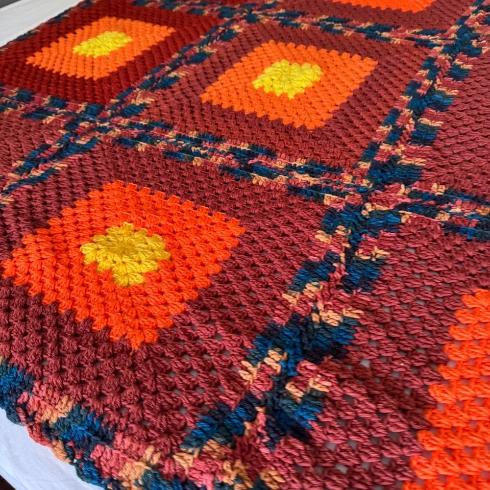 Vintage Handmade Crochet Granny Square Afghan Knit Throw Blanket Orange Maroon